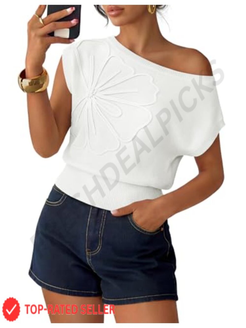 Floral Off Shoulder Sweater Vest Short Sleeve Knit Top